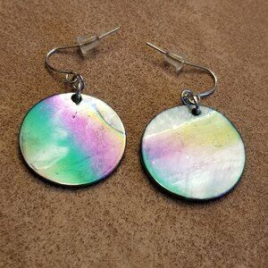 Multi-Colored Round Shell Dangle Earrings – Rainbow Iridescent Lightweight